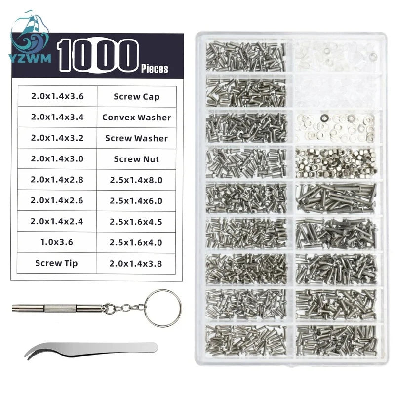 1000pcs Glasses Clock Accessories Leg Nose Bracket Cross Screw Kit Family Repair Box Combination Set