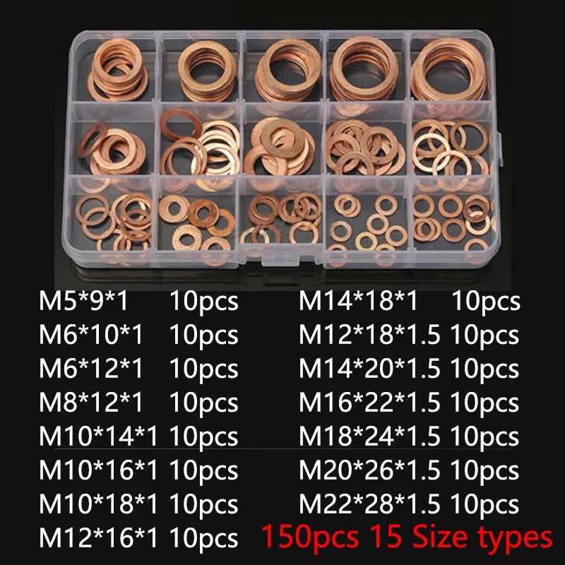 150pcs Red Copper Gasket 15 Specifications Oil Plugging M5-M20 Red Copper Flat Gasket Sealing Box O-ring