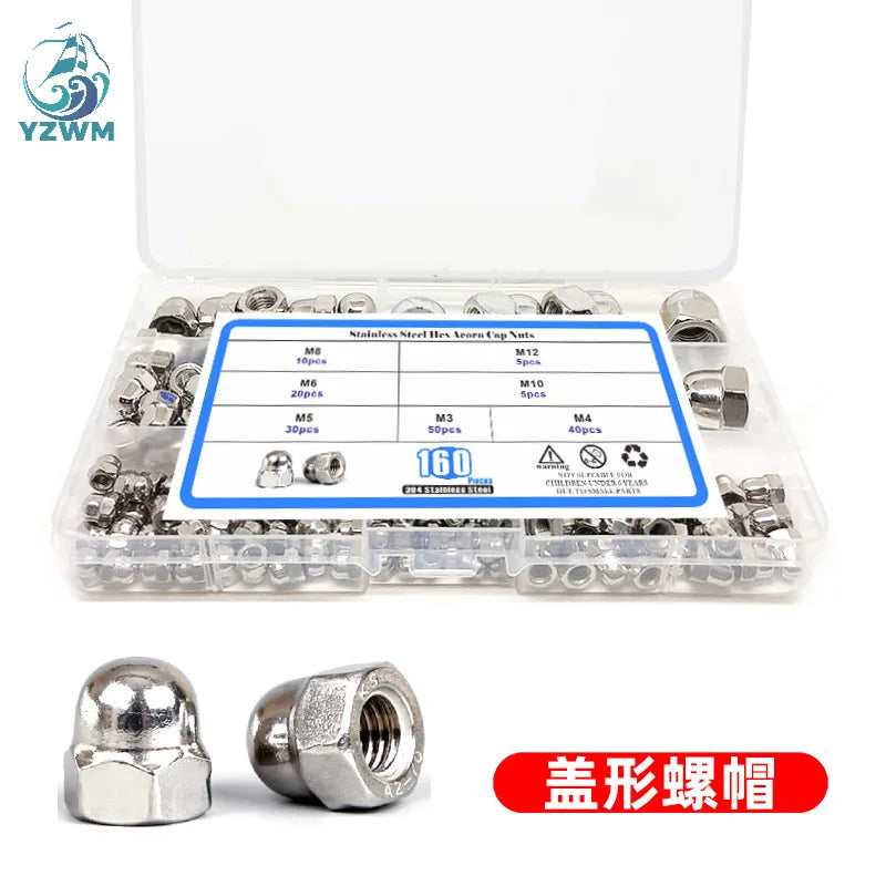 160pcsm3-m12 Box 304 Stainless Steel Ball Head Integrated Cap Din1587 Cap Nut Set