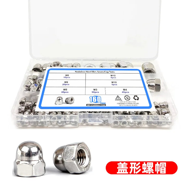 160pcsm3-m12 Box 304 Stainless Steel Ball Head Integrated Cap Din1587 Cap Nut Set