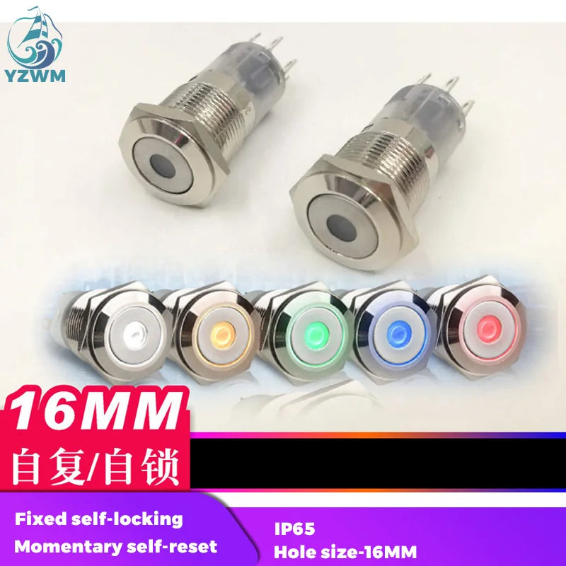 16mm metal button single point with light self reset self lock 8-pin two open two close waterproof control start switch