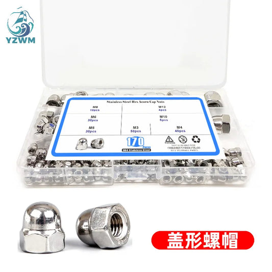 170pcs Din1587 Box 304 Stainless Steel Ball Head Integrated Cap Cap Nut Set M3-m12