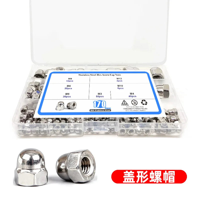 170pcs Din1587 Box 304 Stainless Steel Ball Head Integrated Cap Cap Nut Set M3-m12