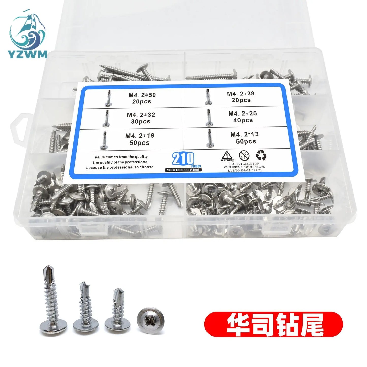 210pcs 410 Stainless Steel Cross Round Head Driller's Tailband Medium Self Tapping and Self Drilling Dovetail Screw Set Box