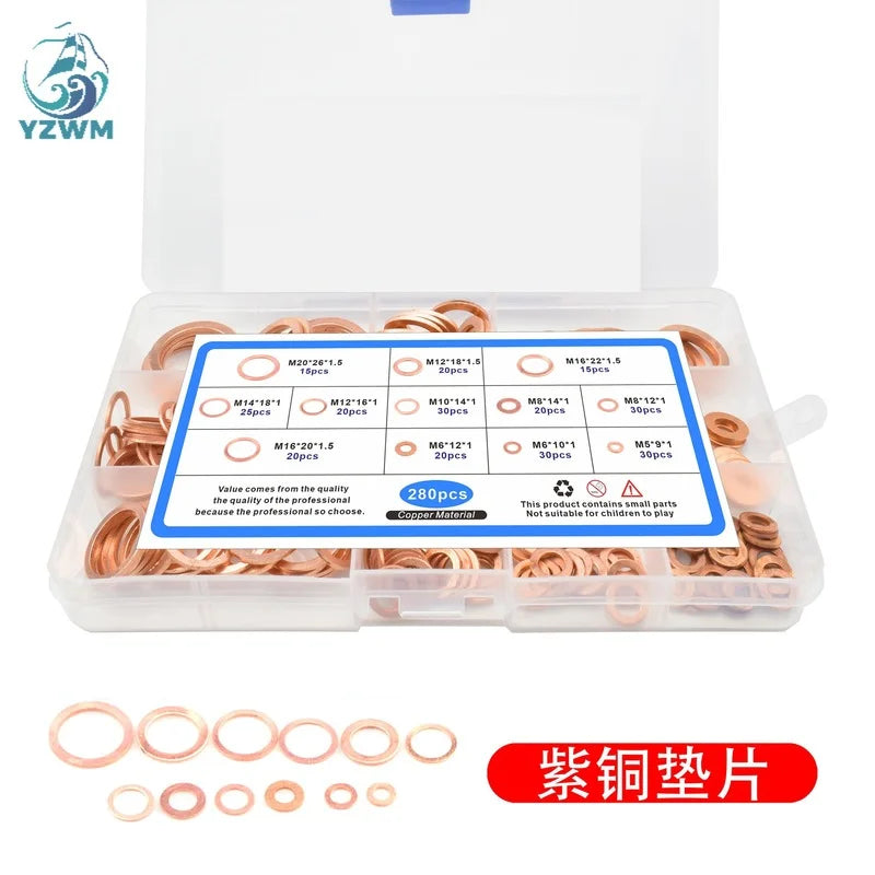 280pcs copper gasket, flat gasket, oil plugging O-ring M5-M20, screw gasket