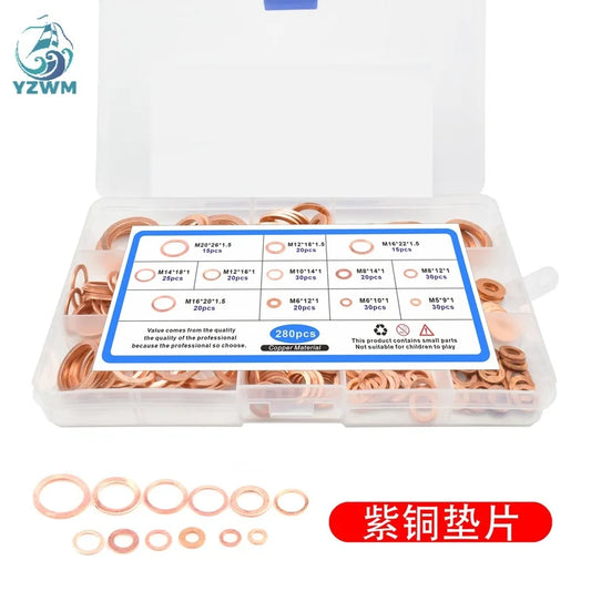 280pcs copper gasket, flat gasket, oil plugging O-ring M5-M20, screw gasket