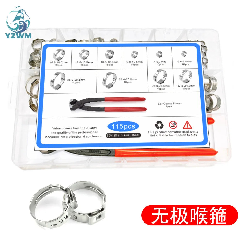 304 Stainless Steel Single Ear Endless Throat Clamp 115pcs with A Clamp Clamp Box Set for Cross Border