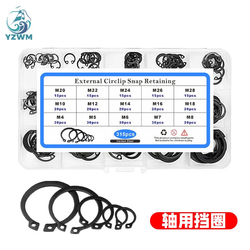 315pcs Shaft Retaining Ring Shaft Clip Spring Bearing External Clip 65Mn Manganese Black Suit Box