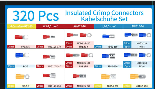 320pcs Cold Compression Wiring Terminal Boxed Combination Male and Female Pre-Insulated Terminal Copper