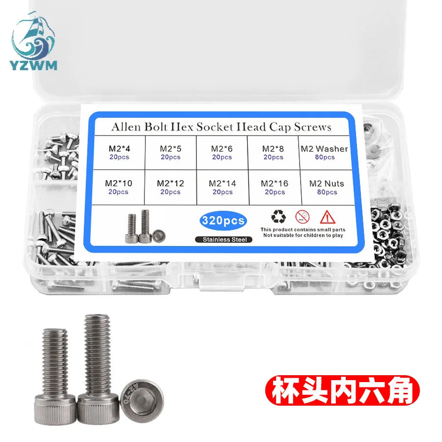 320pcs Cup Head Hexagon Box Screw Nut Flat Gasket 304 Stainless Steel Cylinder Head Screw Set