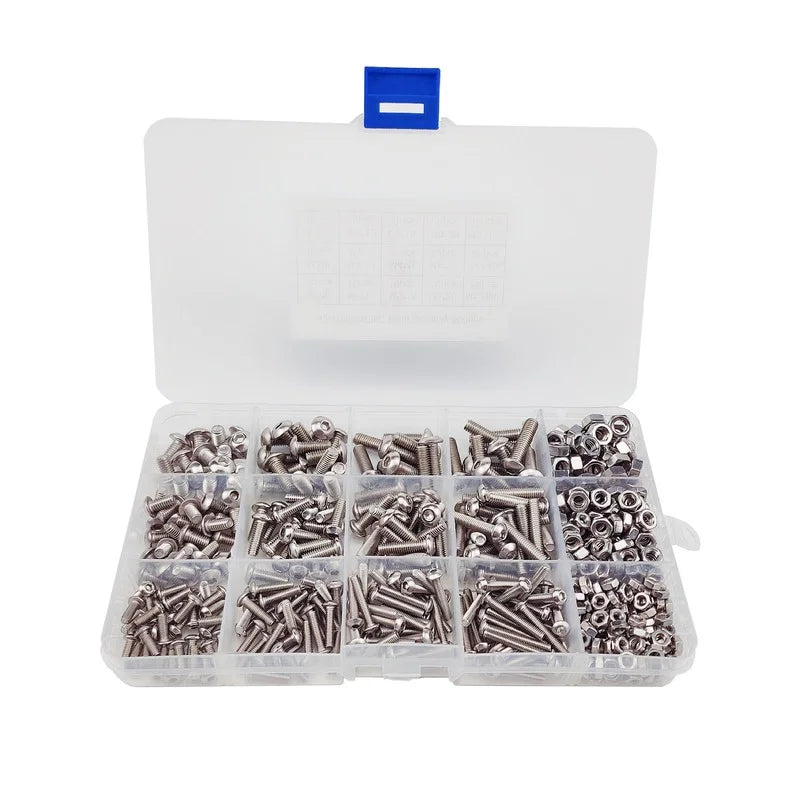 500pcs Stainless Steel 304 Round Head Pan Head Hexagon Screw Nut Box Set M3m4m5