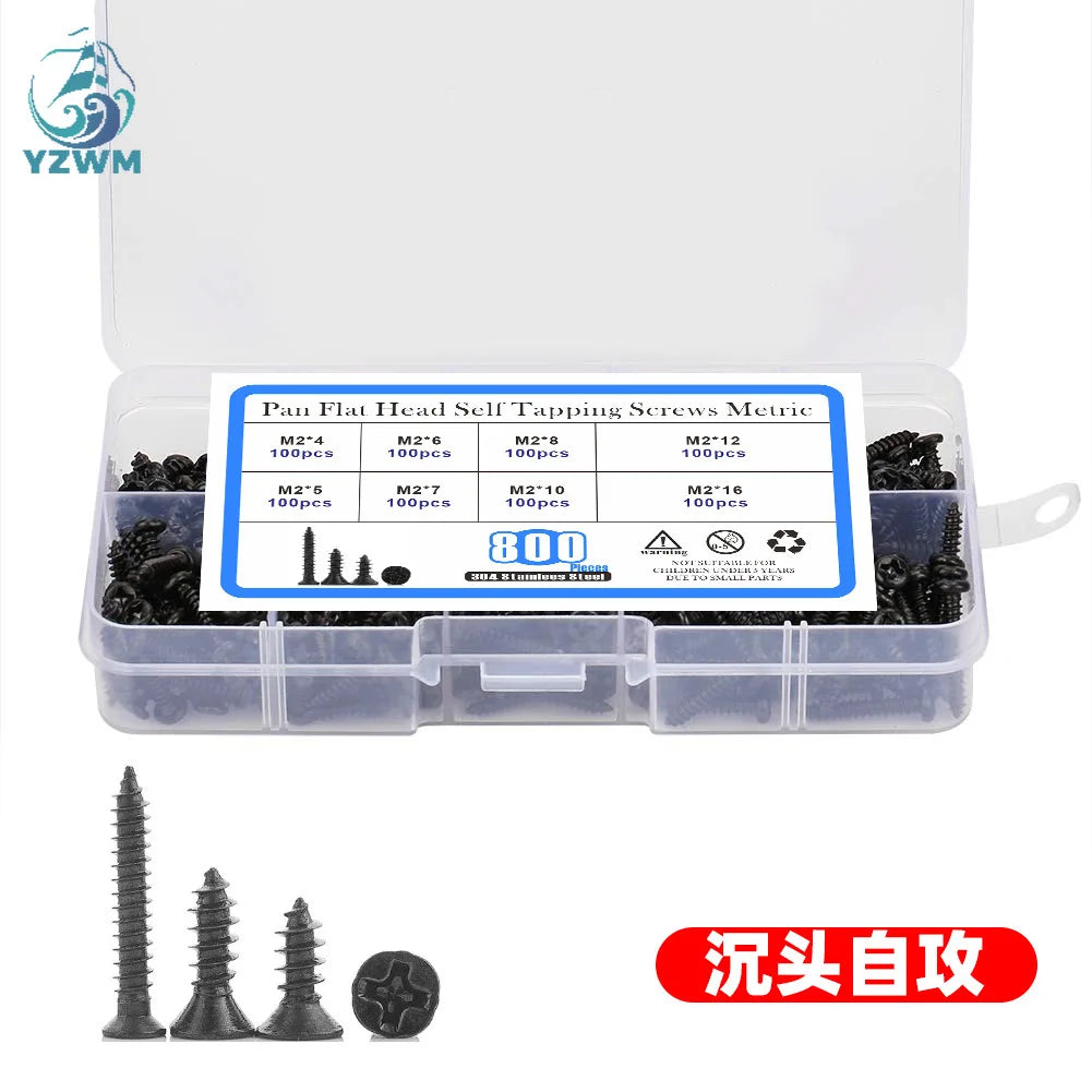 800pcs M2 Black Carbon Steel Countersunk Flat Head Cross Self Tapping Screw Combination Set Packed In Box