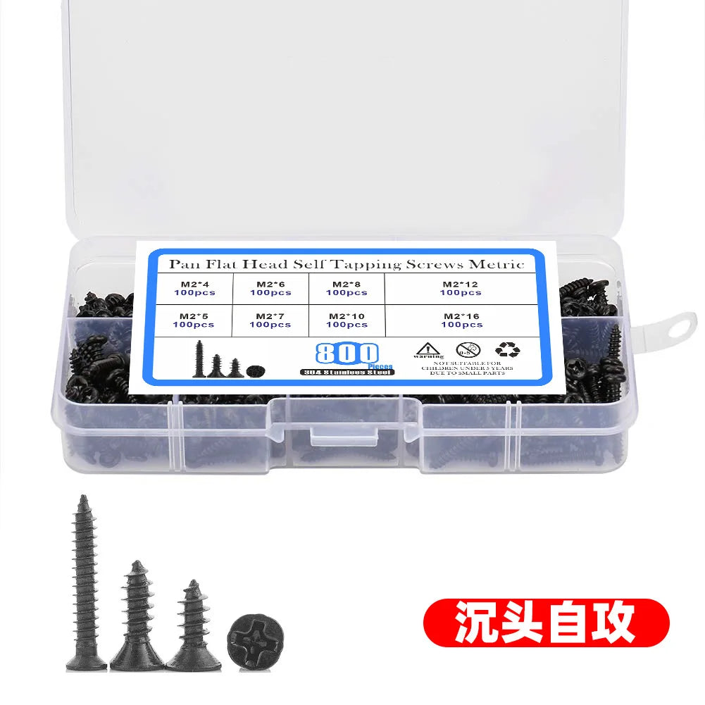 800pcs M2 Black Carbon Steel Countersunk Flat Head Cross Self Tapping Screw Combination Set Packed In Box