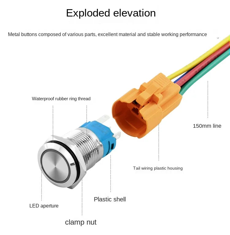 YZWM 16mm Metal Button Switch One Button Start Stop Switch LED Light High Head Small Angel Eye Ring Self Locking Round