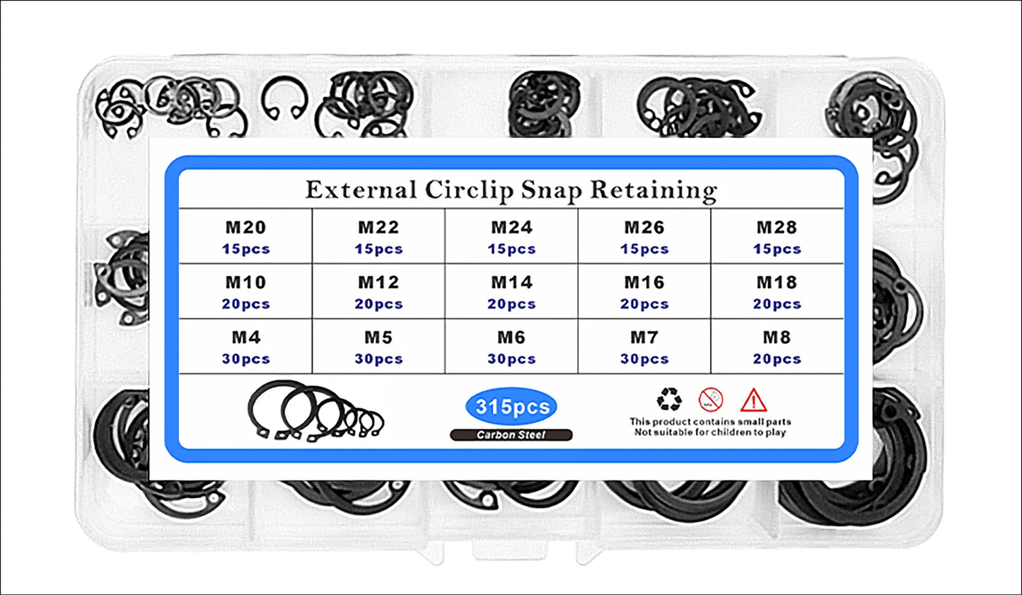 315pcs Shaft Retaining Ring Shaft Clip Spring Bearing External Clip 65Mn Manganese Black Suit Box