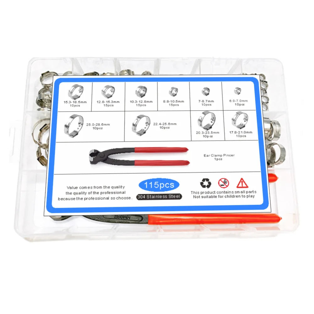 304 Stainless Steel Single Ear Endless Throat Clamp 115pcs with A Clamp Clamp Box Set for Cross Border