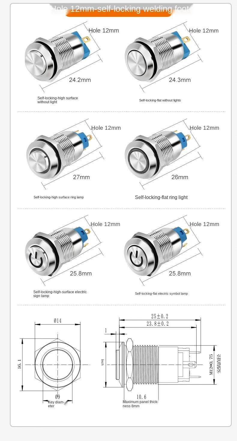 YZWM 12mm 12mm Momentary self-reset Metal Button Switch Opening with Light AC 3-6V Power Symbol Start Stop Small Switch