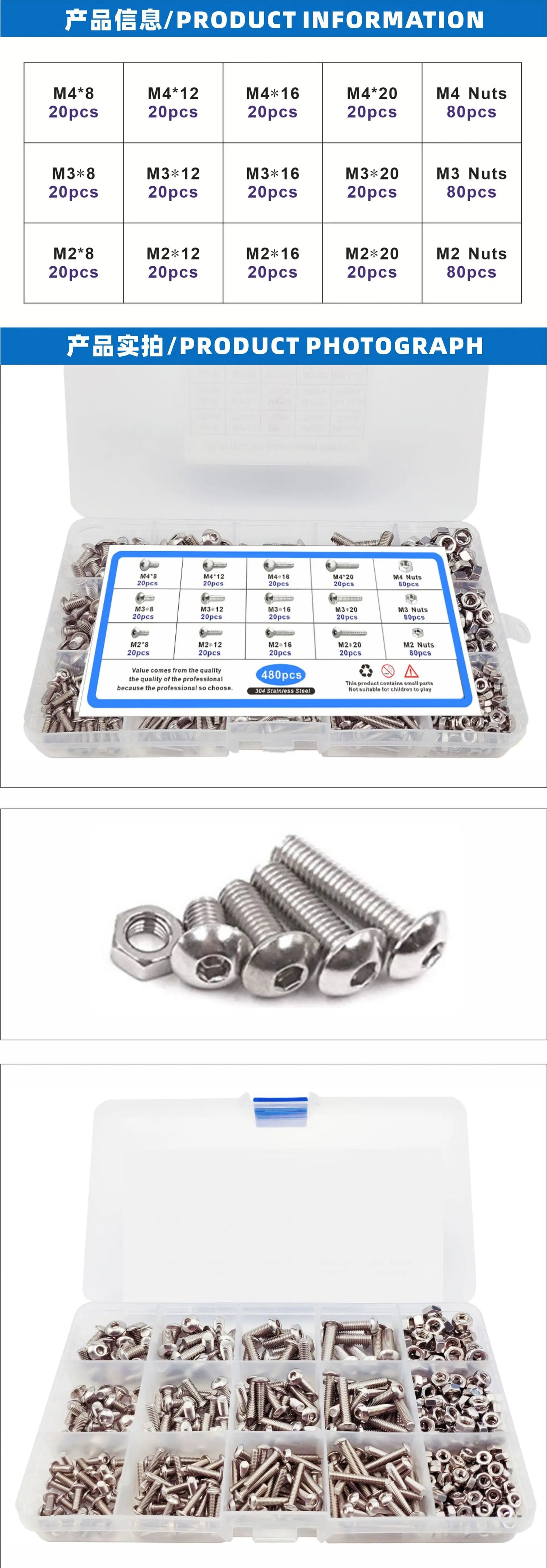 480pcs Stainless Steel 304 Round Head Pan Head Hexagon Screw Nut Set M2 M3 M4