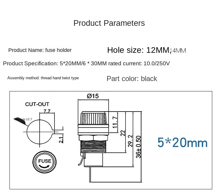 Specification size 5x20mm 6x30mmglass tube fuse holder fuse hole 12mm 15a10a250v