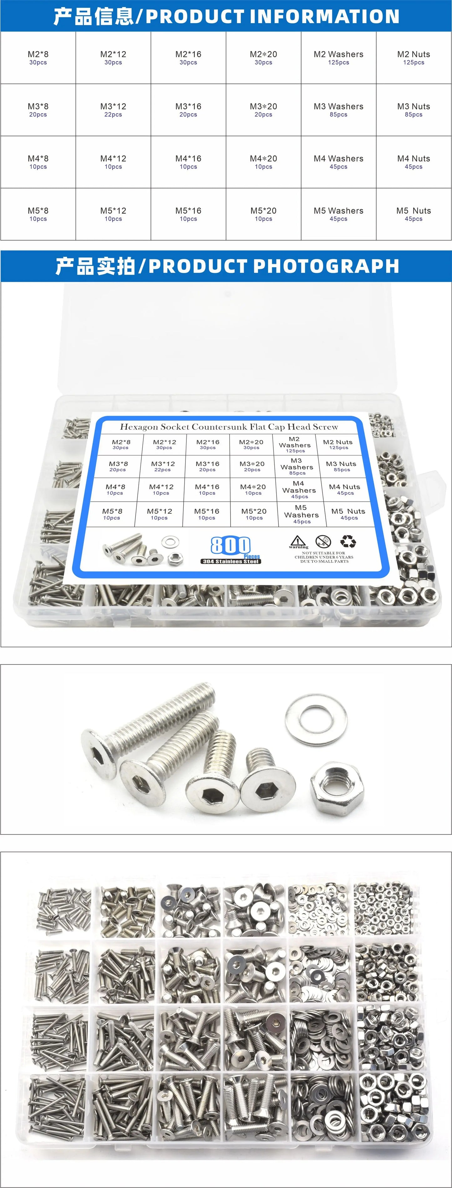 880pcs Flat Head Hexagon Screw 304 Stainless Steel Countersunk Head Hexagon Box Screw Combination Bolt Screw