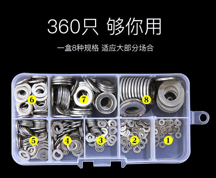 Stainless Steel Flat Washer 360pcs Box M2 2.5 3 4 5 6 8 10 Gasket for Cross Border E-commerce