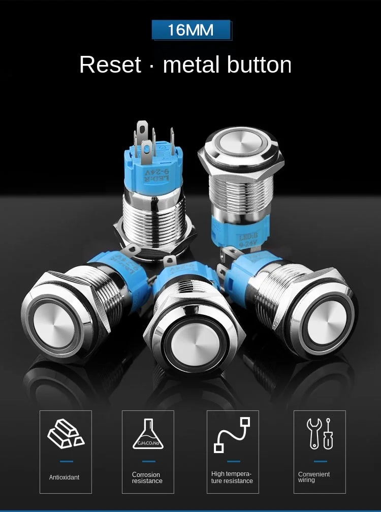 YZWM 16mm Metal Button Switch One Button Start Stop Switch LED Light High Head Small Angel Eye Ring Self Locking Round