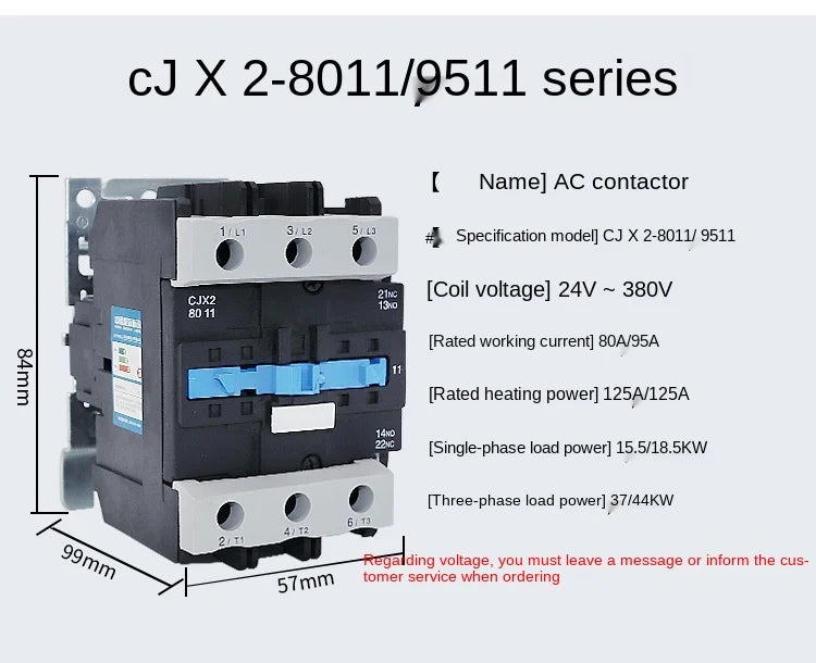 YZWM AC Contactor CJX2-6511 9A NO 3-Phase DIN Rail Mount Electric Power Contactor 24V 36V 110V 220V 380V