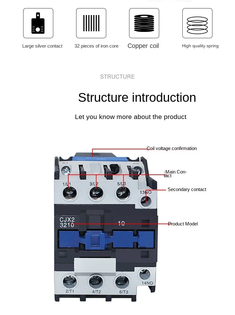 YZWM AC Contactor CJX2-1210 1201 9A NO 3-Phase DIN Rail Mount Electric Power Contactor 24V 36V 110V 220V 380V