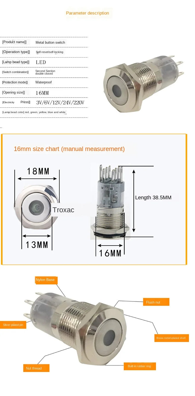 16mm metal button single point with light self reset self lock 8-pin two open two close waterproof control start switch