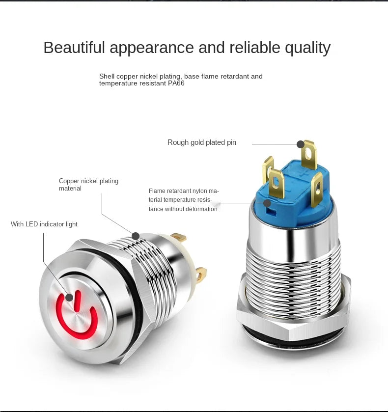 YZWM 12mm 12mm Momentary self-reset Metal Button Switch Opening with Light AC 220V Power Symbol Start Stop Small Switch