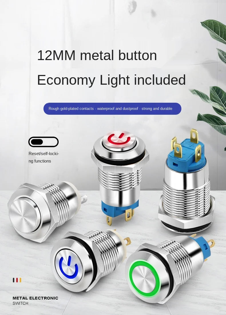 YZWM 12mm 12mm Momentary self-reset Metal Button Switch Opening with Light AC 3-6V Power Symbol Start Stop Small Switch