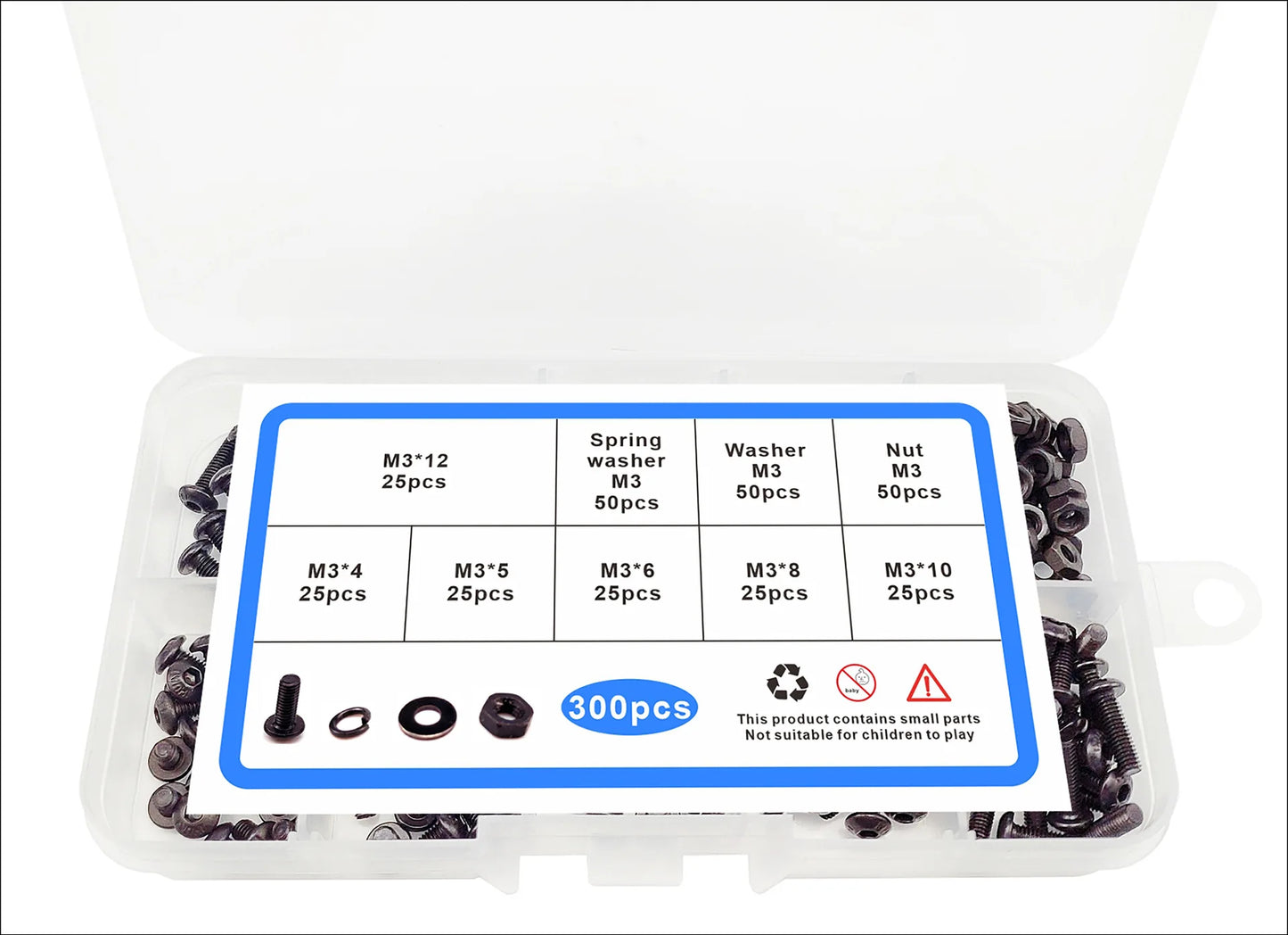 Cross Border Special Supply 300pcs Black Round Head Pan Head, Head Hexagon Screw M3 Bolt Nut Flat Pad Spring Box