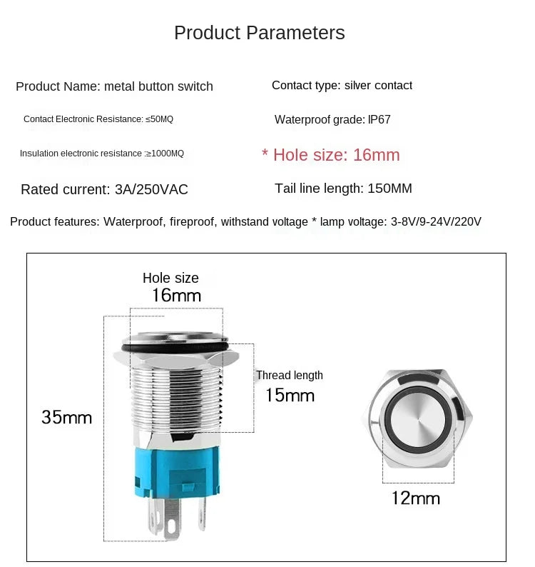 YZWM 22mm Metal Access Control Button Switch Ring with LED Light Self Locking Car Switch Refitted 6v12v24v220v