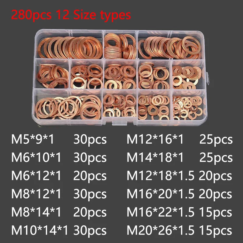 280pcs copper gasket, flat gasket, oil plugging O-ring M5-M20, screw gasket