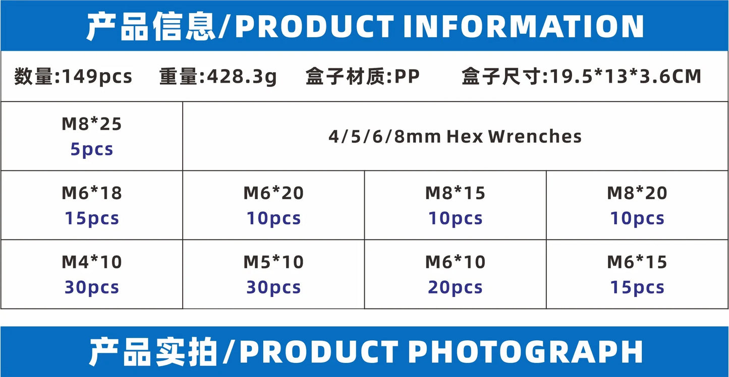 149pcs Box Color Zinc Furniture Nut M4m5m6m8 Color Zinc Plating Inner and Outer Tooth Nut Combination + 4 Spanners