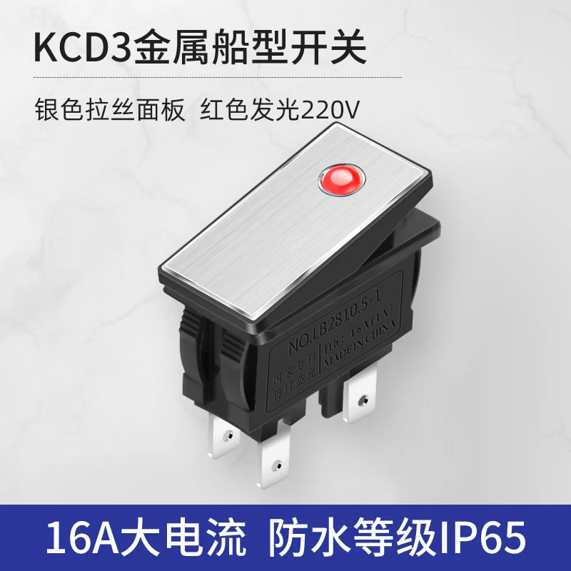 KCD3 Metal Ship Type Switch 2No Waterproof 16A High Current Rocker Switch 4 Foot 220V LED Lamp