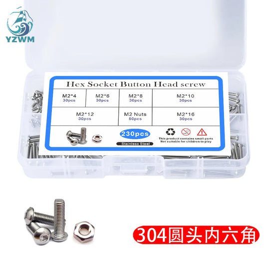 M2 230pcs Stainless Steel 304 Round Head Pan Head Hexagon Screw Bolt Nut A2 Box Package