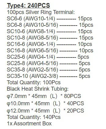 Cross-Border 240pcs Peeping Copper Tube Terminal SC Terminal Block 100pcs 140pcs Copper Nose Heat Shrink Tube