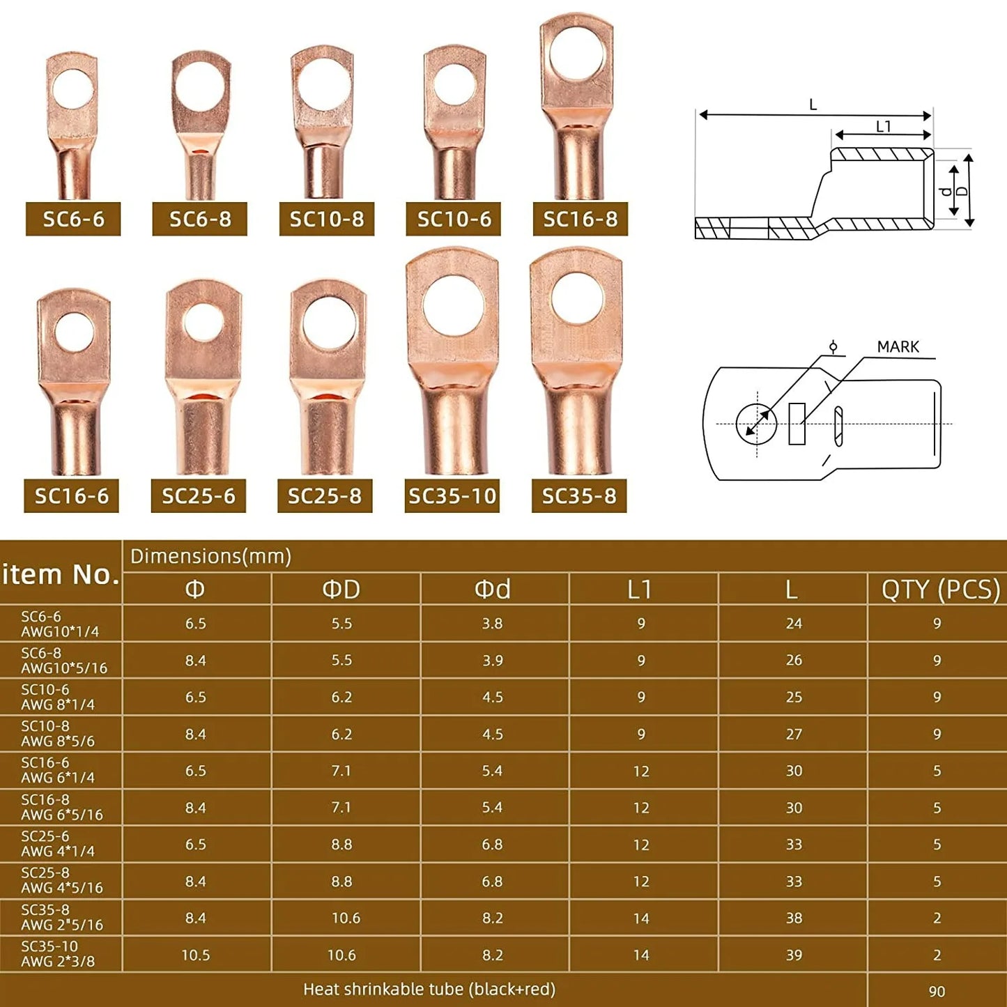 SC6-35 Series Peephole Copper Terminal Block 60Pcs 90pcs Heat Shrink Tube Leds