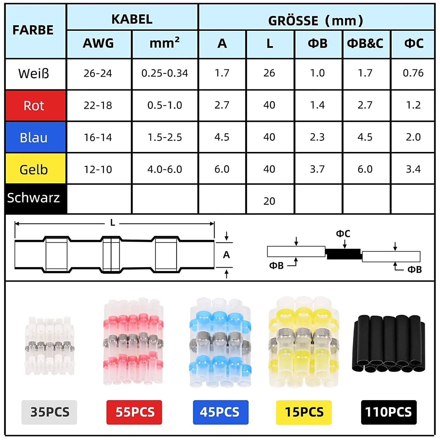 260pcs Waterproof Middle Pipe Heat Shrink Tube Solder Ring Cold Compression Terminal Solder Ring