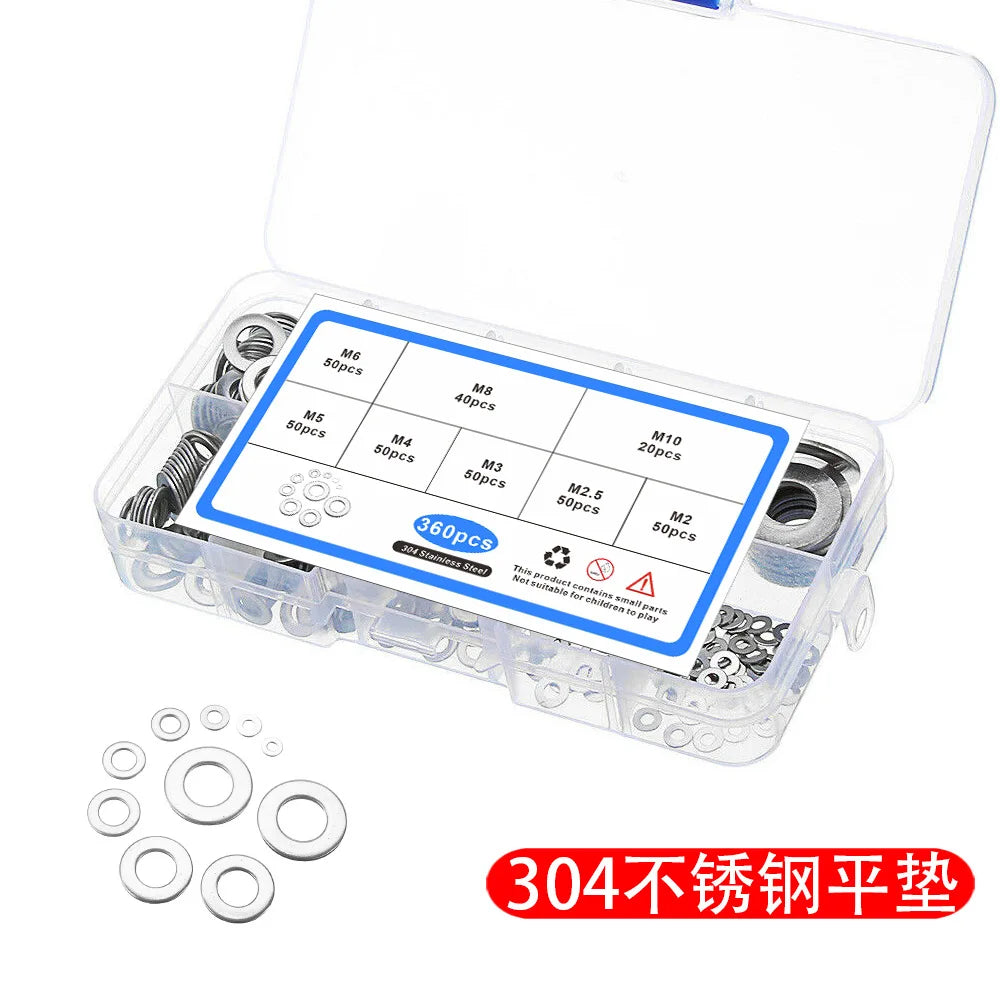 Stainless Steel Flat Washer 360pcs Box M2 2.5 3 4 5 6 8 10 Gasket for Cross Border E-commerce