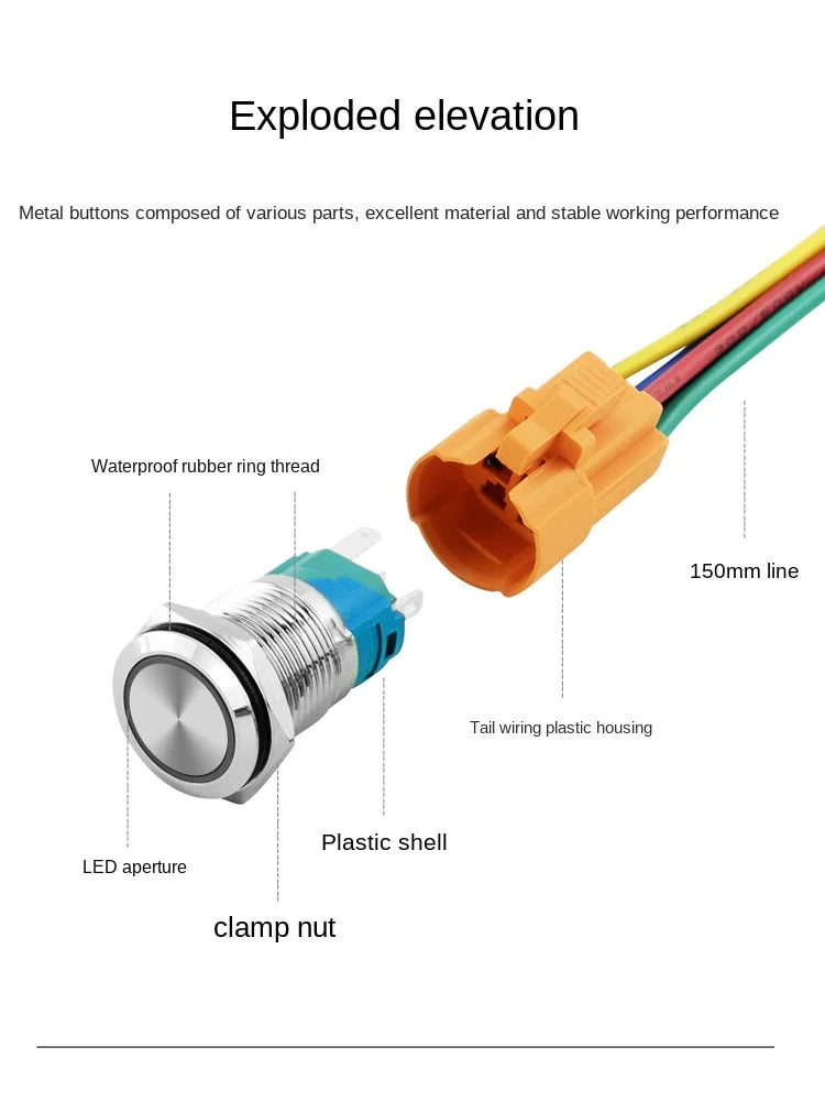 YZWM 22mm Metal Access Control Button Switch Ring with LED Light Self Locking Car Switch Refitted 6v12v24v220v