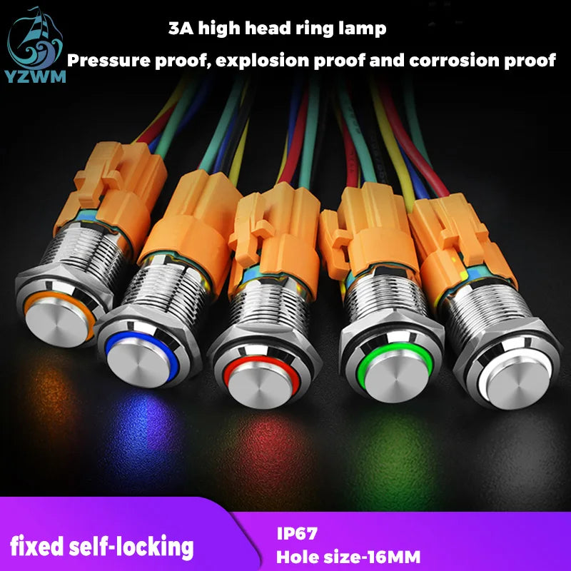 YZWM 16mm Metal Button Switch One Button Start Stop Switch LED Light High Head Small Angel Eye Ring Self Locking Round